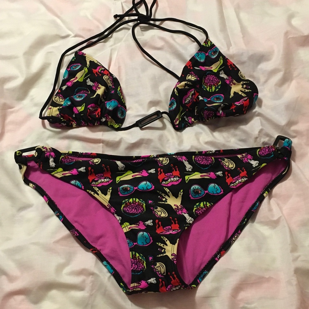 Iron Fist Black ZOMBIE Bikini with Neon Pink, Yellow & Teal Novelty Print